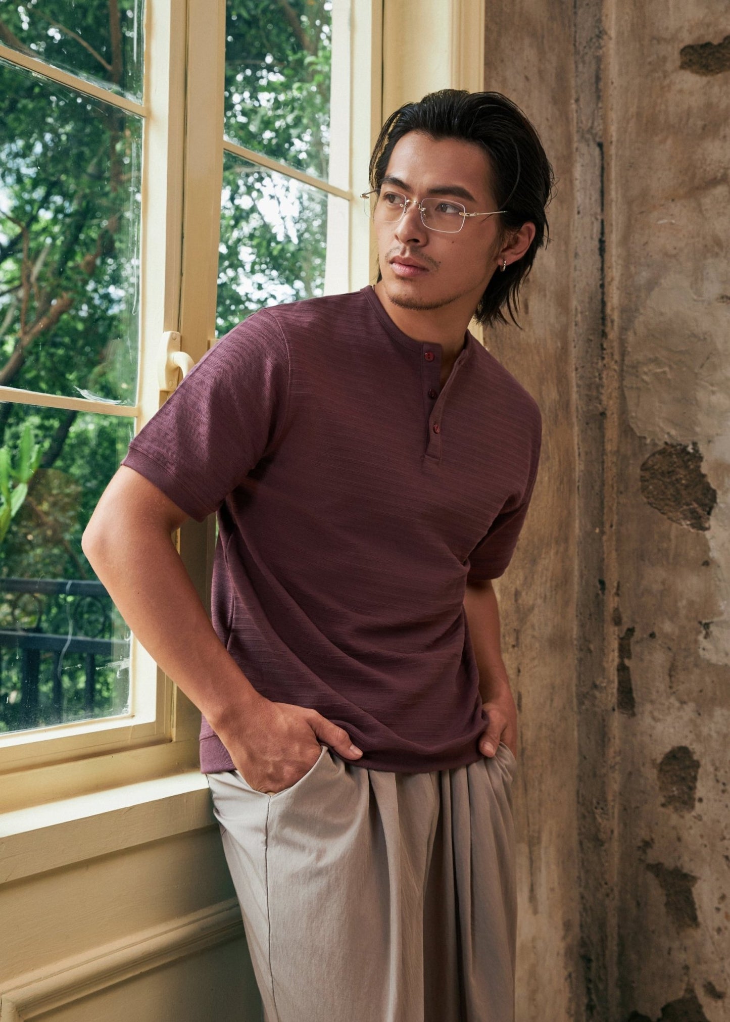 【New Arrival】Hidden Subtle Yarn Henley T-Shirt 隱紋亨利領 T-Shirt - Full House Denim & Workshop