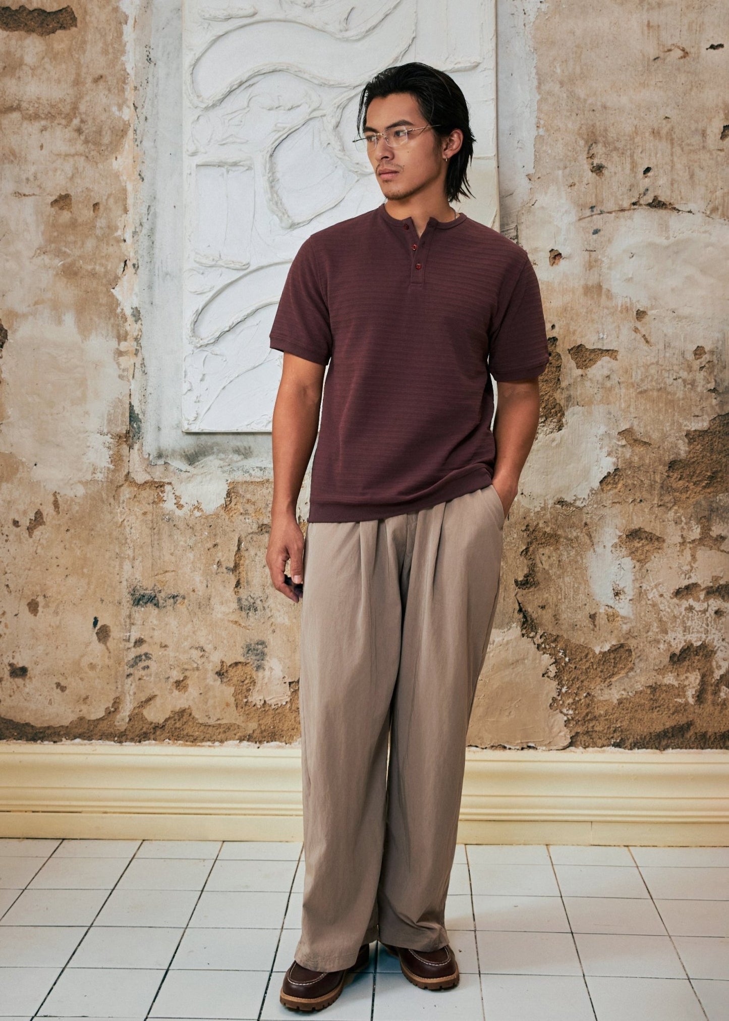 【New Arrival】Hidden Subtle Yarn Henley T-Shirt 隱紋亨利領 T-Shirt - Full House Denim & Workshop