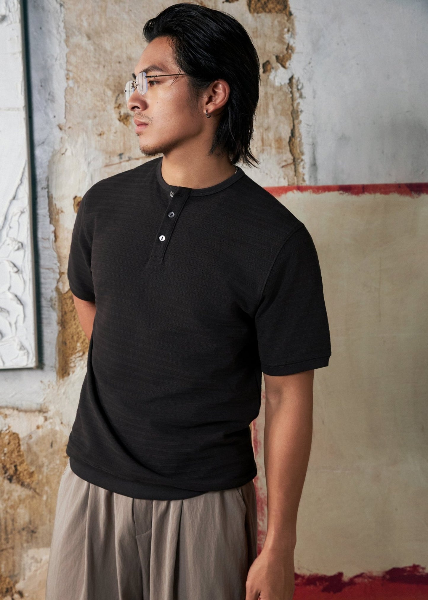【New Arrival】Hidden Subtle Yarn Henley T-Shirt 隱紋亨利領 T-Shirt - Full House Denim & Workshop