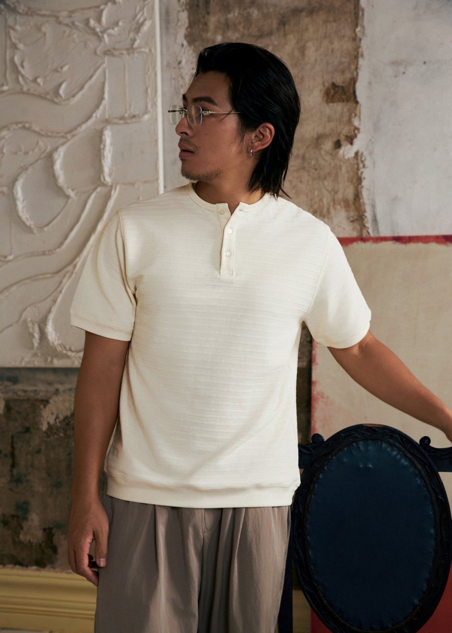 【New Arrival】Hidden Subtle Yarn Henley T-Shirt 隱紋亨利領 T-Shirt - Full House Denim & Workshop