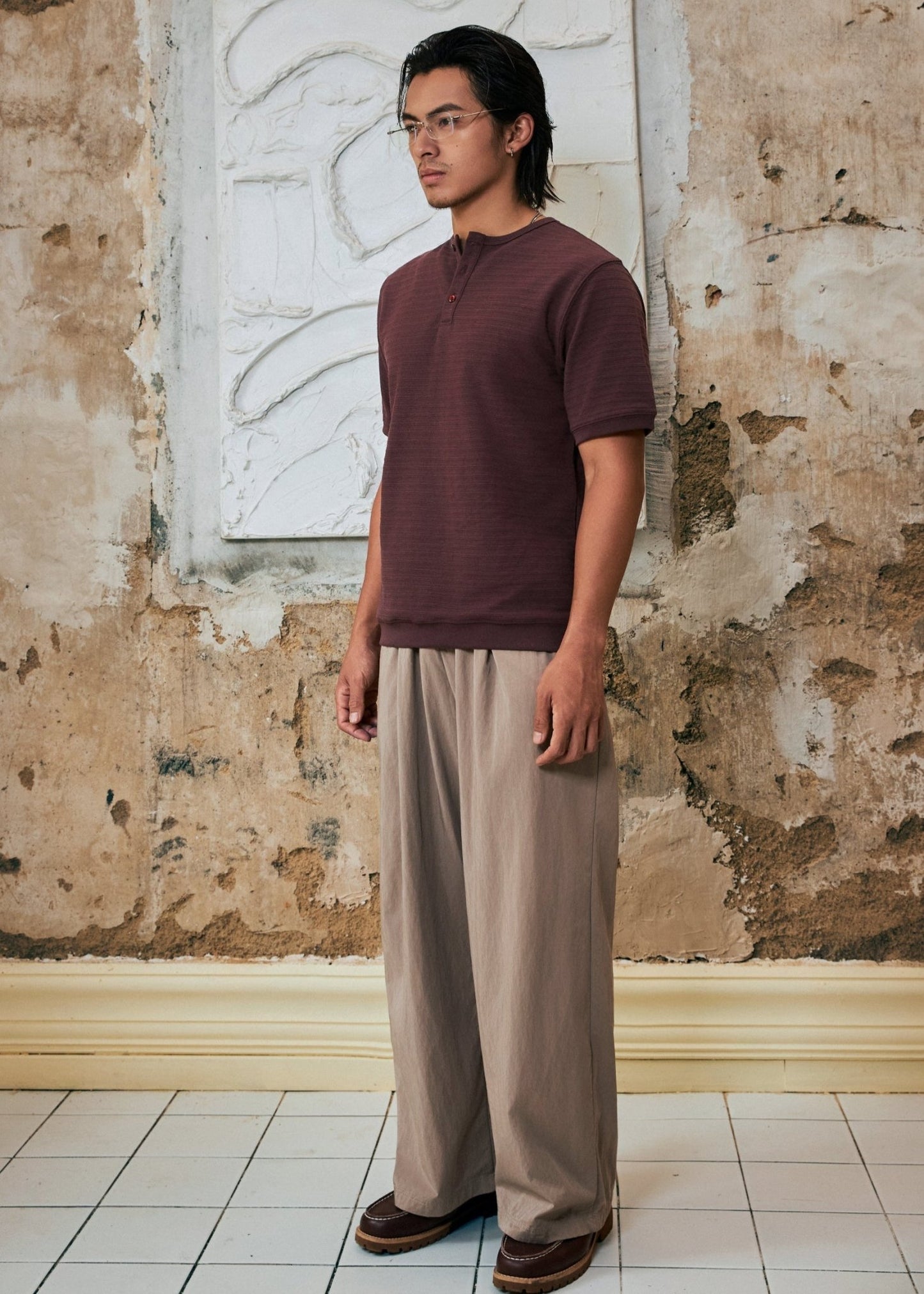 【New Arrival】Hidden Subtle Yarn Henley T-Shirt 隱紋亨利領 T-Shirt - Full House Denim & Workshop