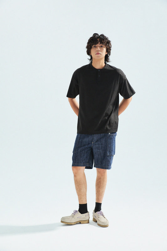 瓦通棉亨利領T-Shirt（純黑）Corrugated Cotton Henley T-Shirt（Black）