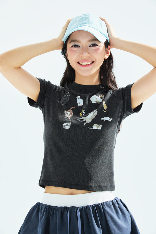 Cat‘s Pose Ribbed Raglan T-shirt（Black）