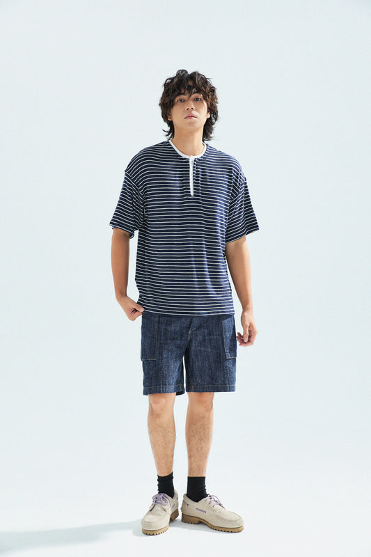 天竺棉假兩件亨利領T-Shirt（獺見色）Slub Cotton Faux Layered Henley T-Shirt（DARK BLUE）
