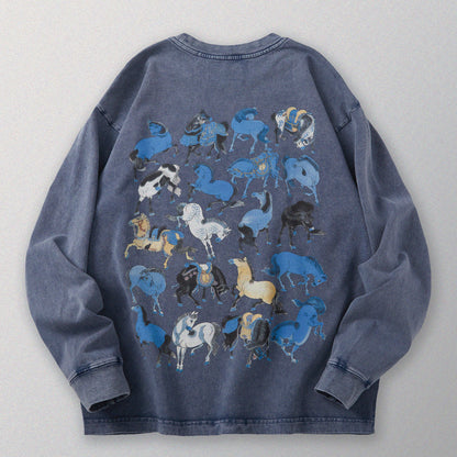 【勝つい戦馬】Ukiyo-e Horse Pattern Long Sleeves T-Shirt (Indigo)