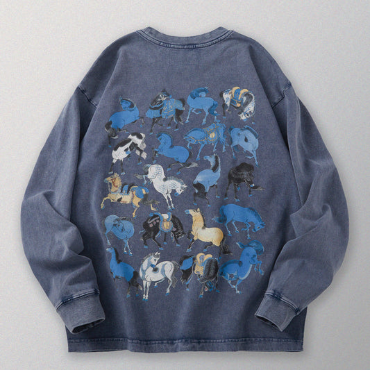 【勝つい戦馬】Ukiyo-e Horse Pattern Long Sleeves T-Shirt (Indigo)