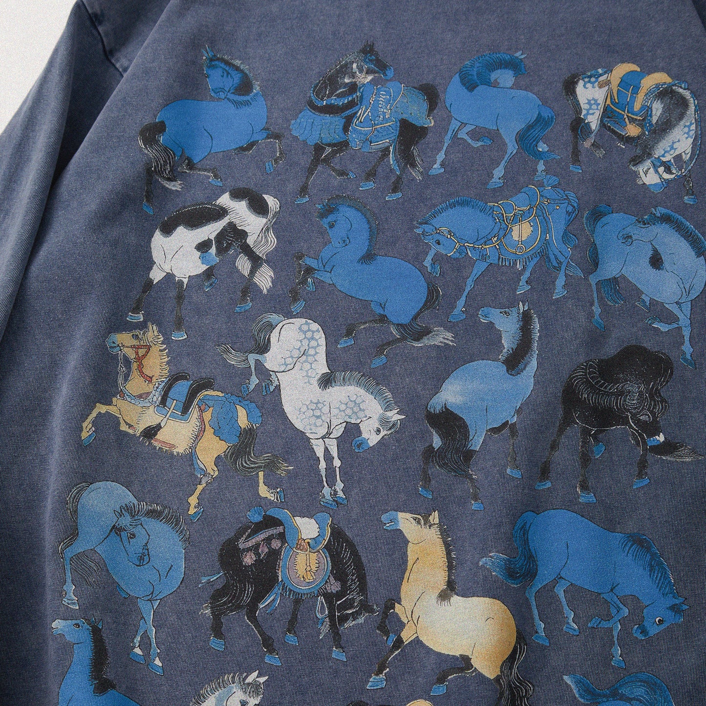 【勝つい戦馬】Ukiyo-e Horse Pattern Long Sleeves T-Shirt (Indigo)