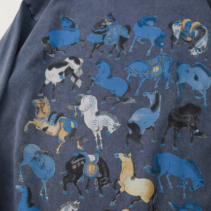 【勝つい戦馬】Ukiyo-e Horse Pattern Long Sleeves T-Shirt (Indigo)