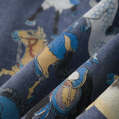 【勝つい戦馬】Ukiyo-e Horse Pattern Long Sleeves T-Shirt (Indigo)