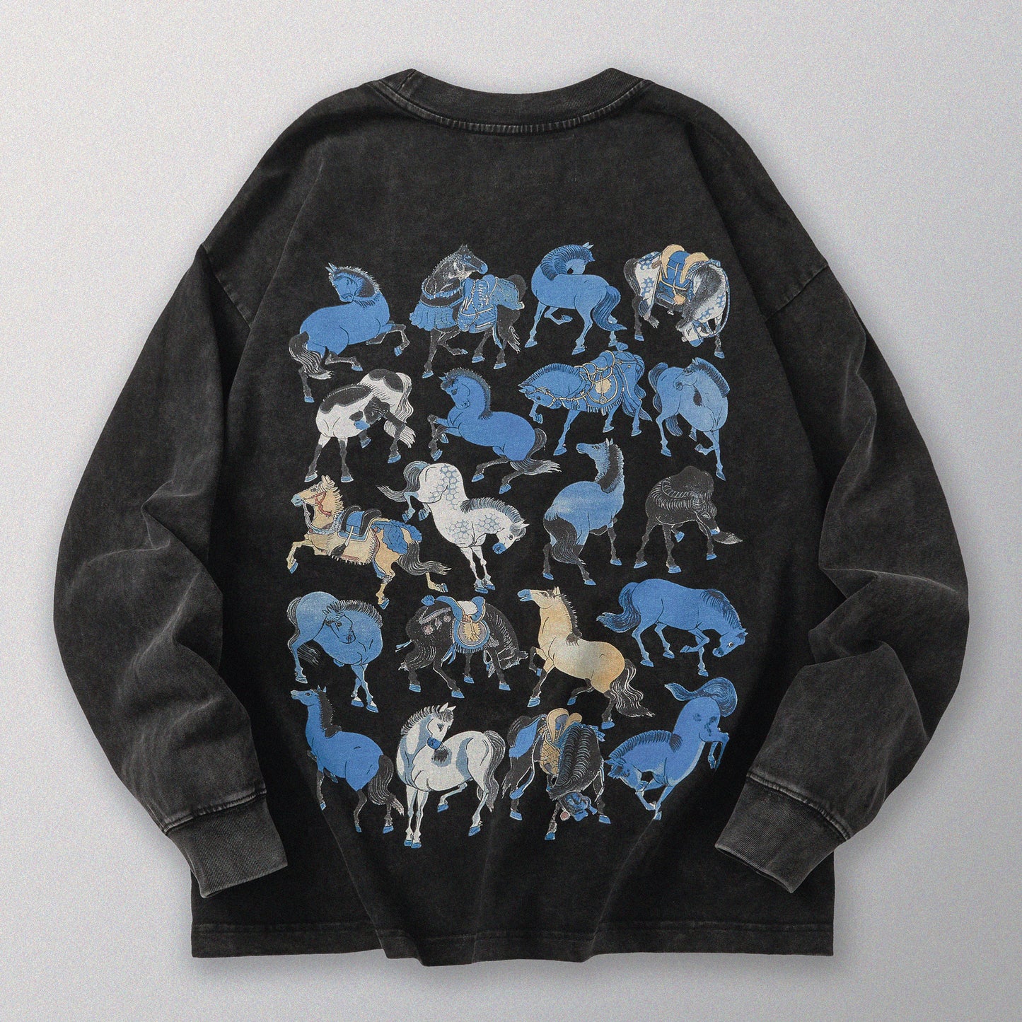 【勝つい戦馬】Ukiyo-e Horse Pattern Long Sleeves T-Shirt (Charcoal)