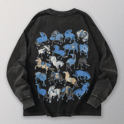 【勝つい戦馬】Ukiyo-e Horse Pattern Long Sleeves T-Shirt (Charcoal)