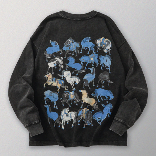 【勝つい戦馬】Ukiyo-e Horse Pattern Long Sleeves T-Shirt (Charcoal)