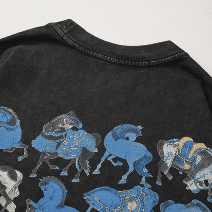 【勝つい戦馬】Ukiyo-e Horse Pattern Long Sleeves T-Shirt (Charcoal)