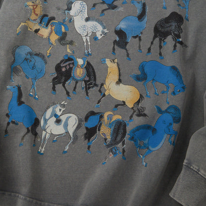 【勝つい戦馬】Ukiyo-e Horse Pattern Long Sleeves T-Shirt (Grey)