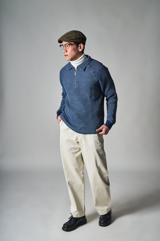 Waffle Tweed Denim Half Zip Pullover Sweater 華夫格織紋牛仔半拉鍊套頭衛衣