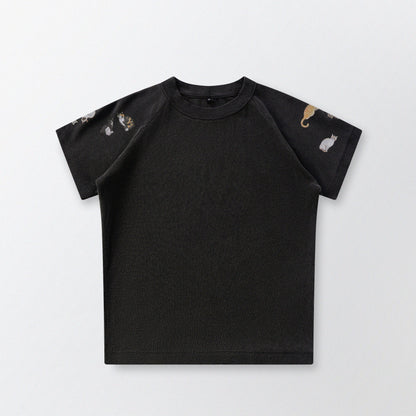 [Shoulder Ver.] Cat‘s Pose Ribbed Raglan T-shirt（Black）