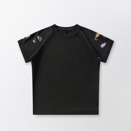 [Shoulder Ver.] Cat‘s Pose Ribbed Raglan T-shirt（Black）