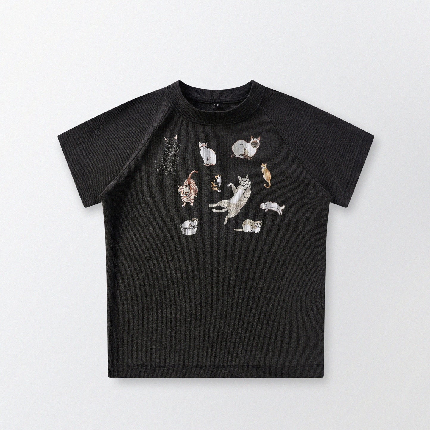 Cat‘s Pose Ribbed Raglan T-shirt（Black）