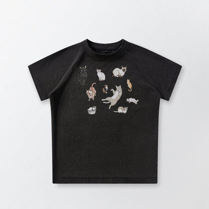 Cat‘s Pose Ribbed Raglan T-shirt（Black）