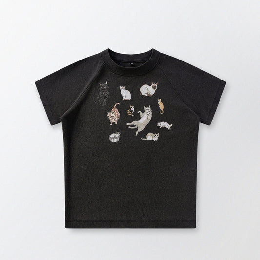 Cat‘s Pose Ribbed Raglan T-shirt（Black）