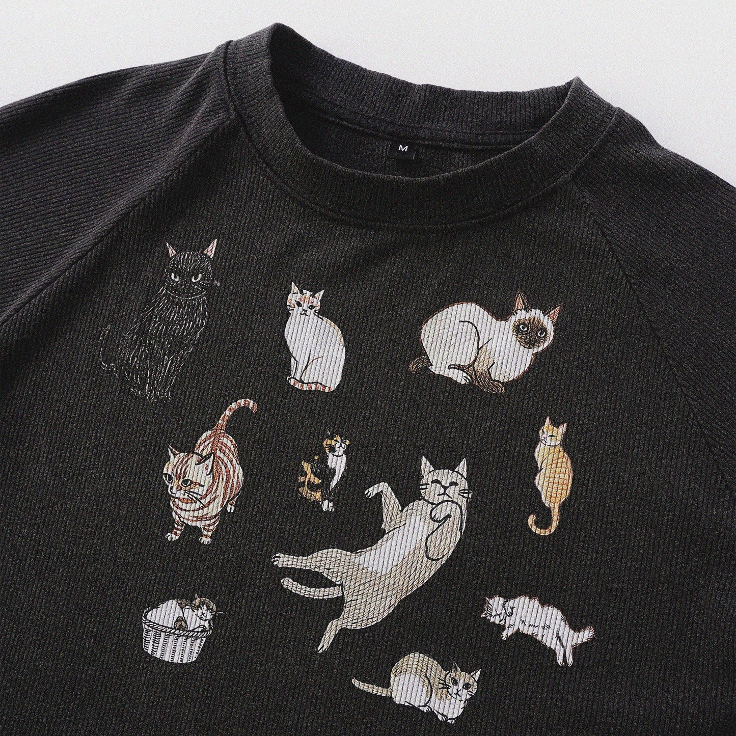 Cat‘s Pose Ribbed Raglan T-shirt（Black）