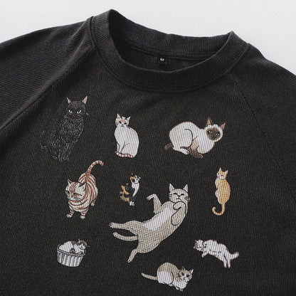 Cat‘s Pose Ribbed Raglan T-shirt（Black）