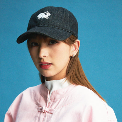 【Black】Rabbit Embroidery Denim Cap - Full House Denim & Workshop