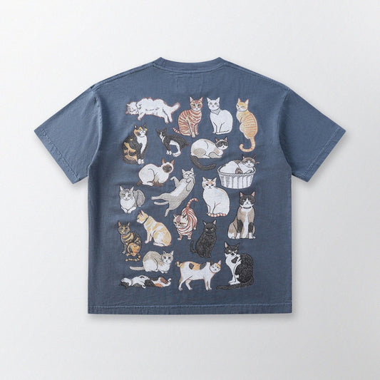 「貓姿二十一」寬鬆箱形 Boxy Tee (灰藍色) - Full House Denim & Workshop