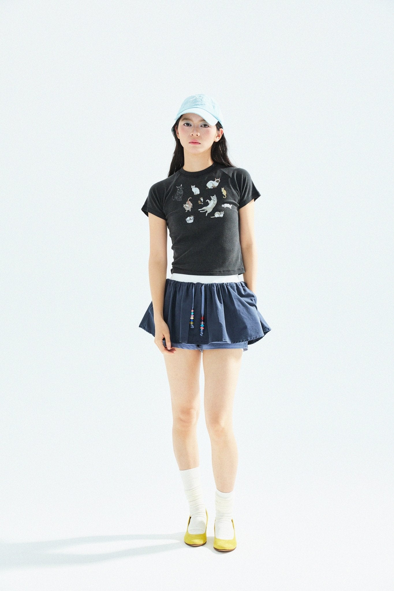 Cat‘s Pose Ribbed Raglan T-shirt（Black） - Full House Denim & Workshop