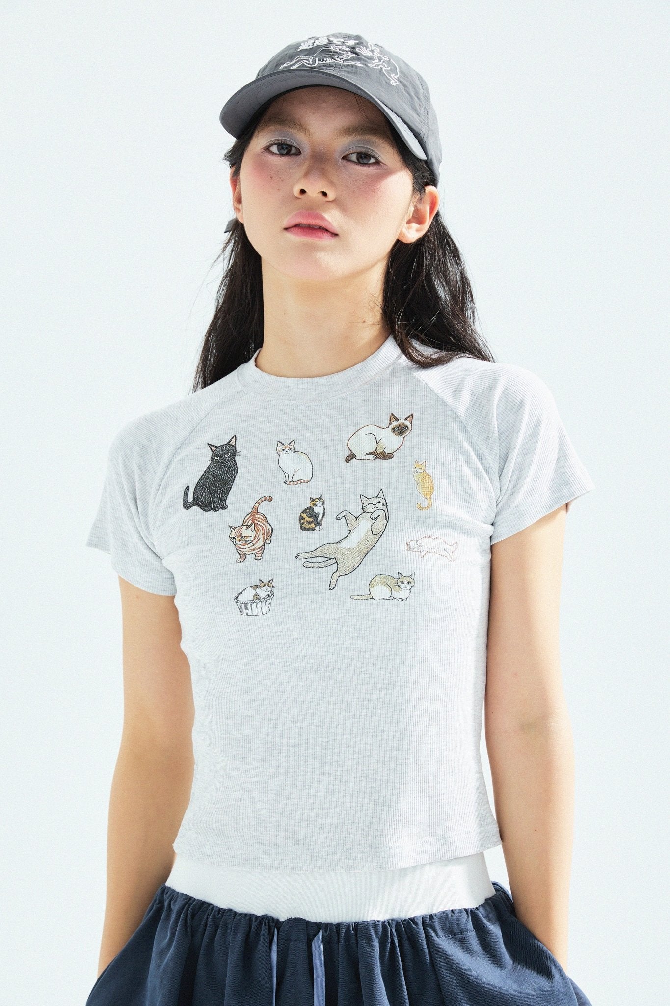Cat‘s Pose Ribbed Raglan T-shirt（Grey） - Full House Denim & Workshop