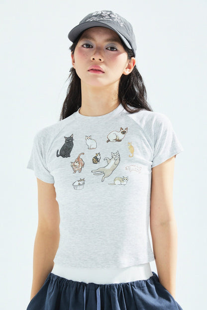 Cat‘s Pose Ribbed Raglan T-shirt（Grey） - Full House Denim & Workshop