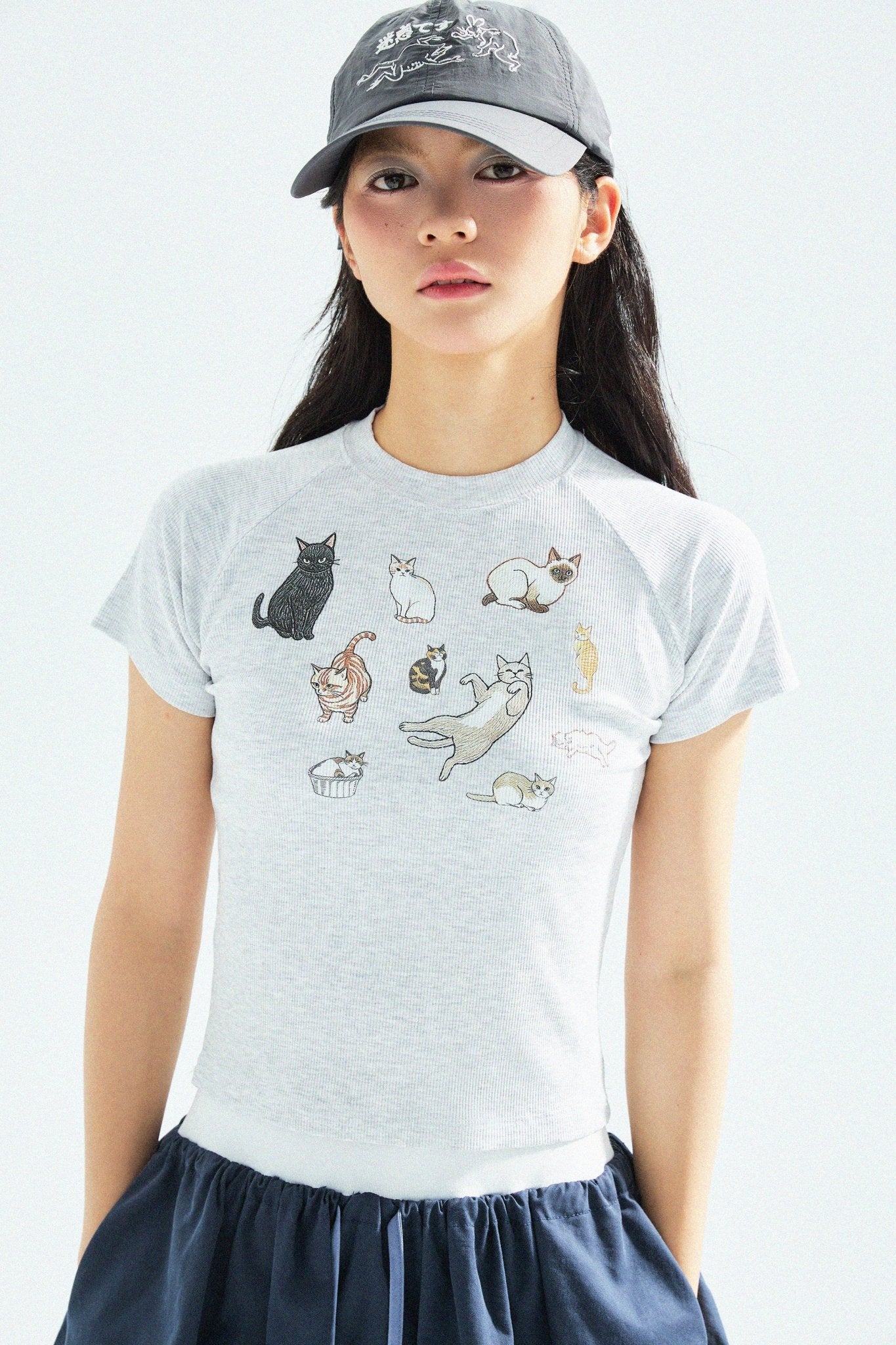 Cat‘s Pose Ribbed Raglan T-shirt（Grey） - Full House Denim & Workshop