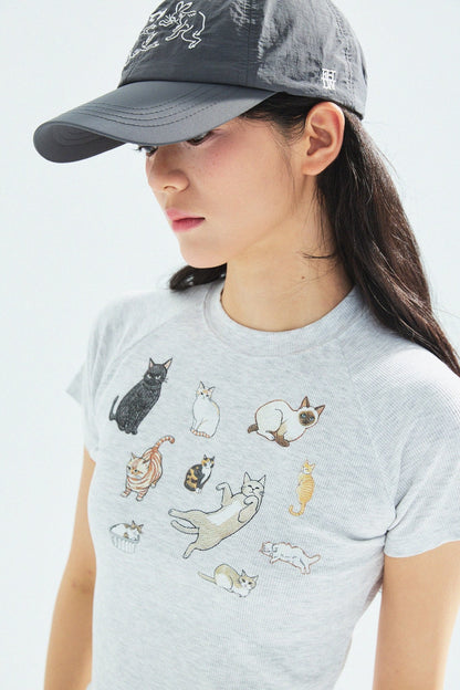 Cat‘s Pose Ribbed Raglan T-shirt（Grey） - Full House Denim & Workshop