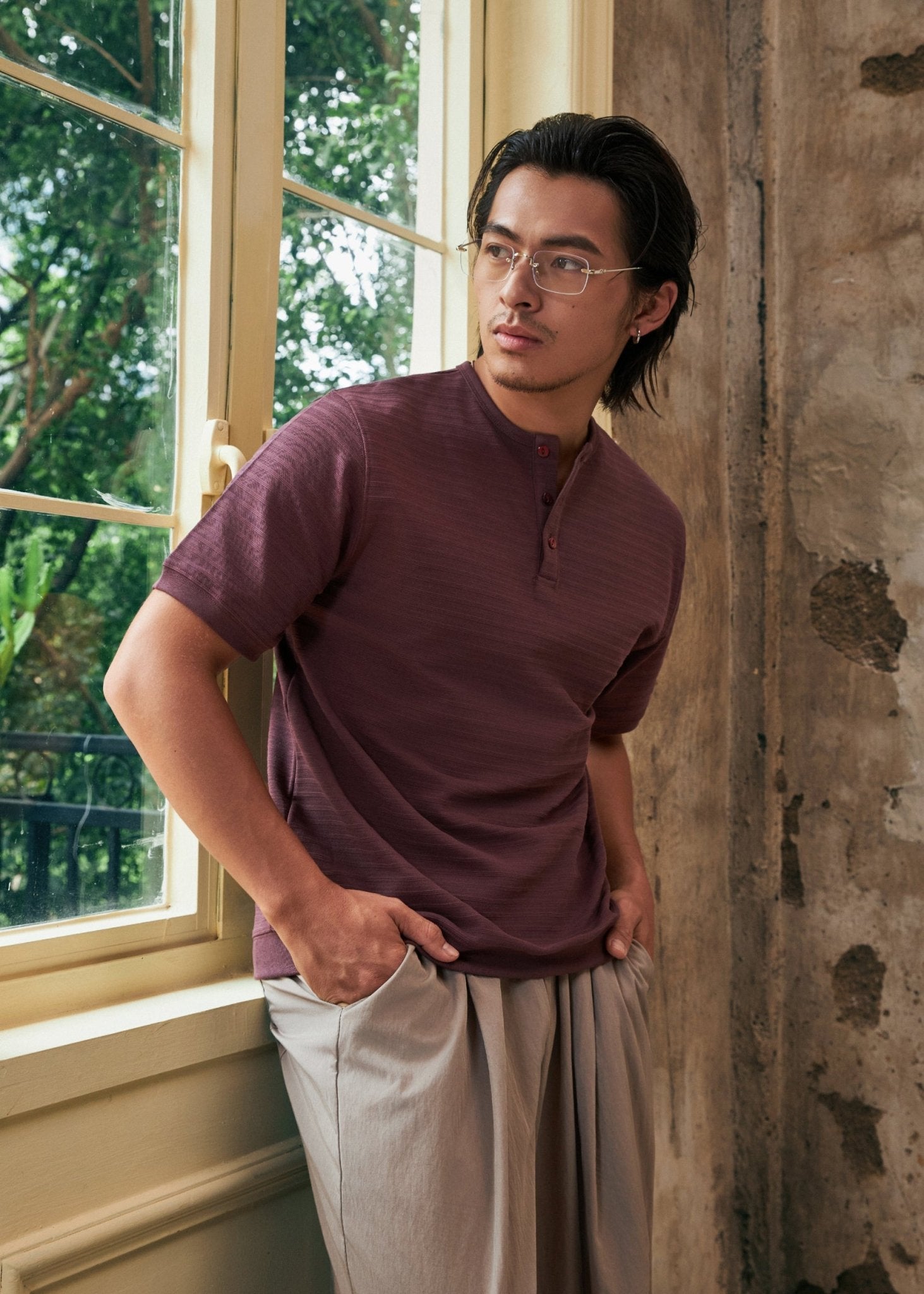 【New Arrival】Hidden Subtle Yarn Henley T-Shirt 隱紋亨利領 T-Shirt - Full House Denim & Workshop