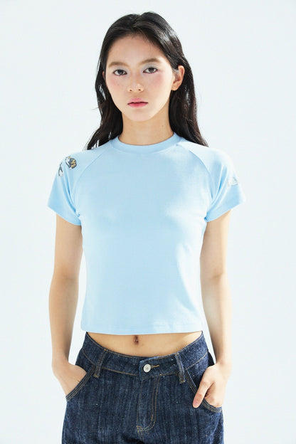 [Shoulder Ver.] Cat‘s Pose Ribbed Raglan T-shirt（Baby Blue） - Full House Denim & Workshop