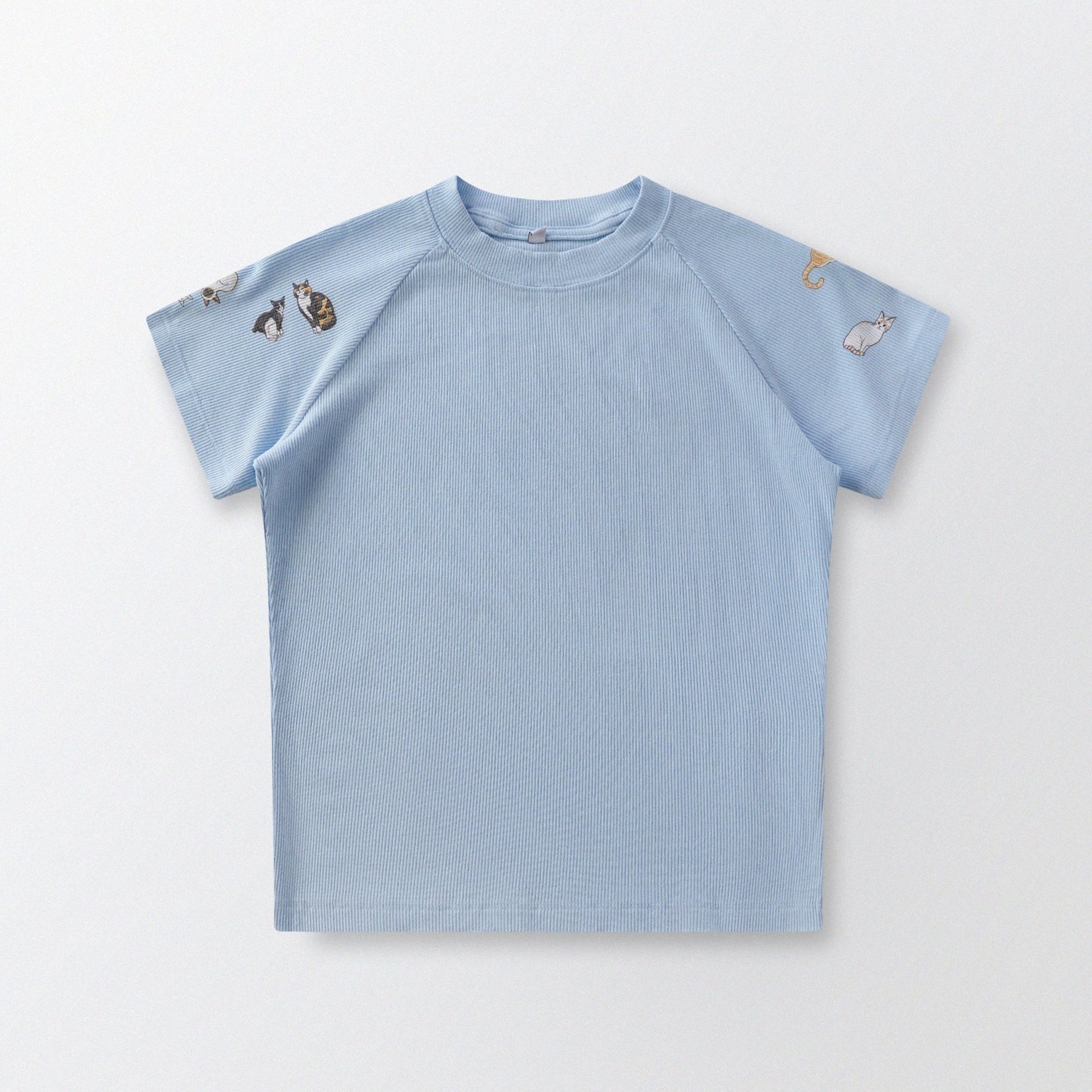 [Shoulder Ver.] Cat‘s Pose Ribbed Raglan T-shirt（Baby Blue） - Full House Denim & Workshop
