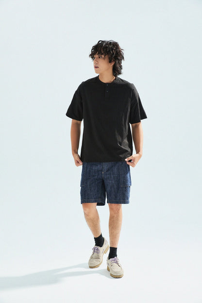 瓦通棉亨利領T-Shirt（純黑）Corrugated Cotton Henley T-Shirt（Black） - Full House Denim & Workshop