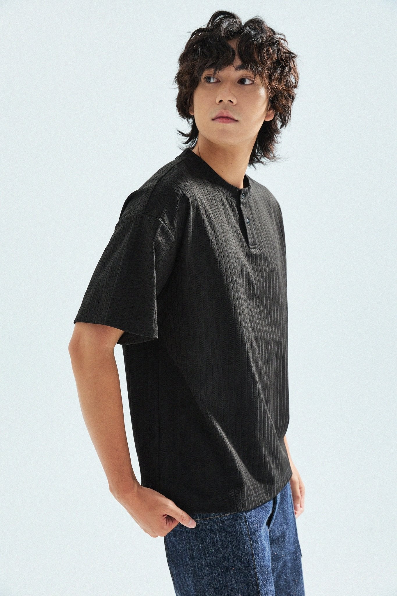 瓦通棉亨利領T-Shirt（純黑）Corrugated Cotton Henley T-Shirt（Black） - Full House Denim & Workshop