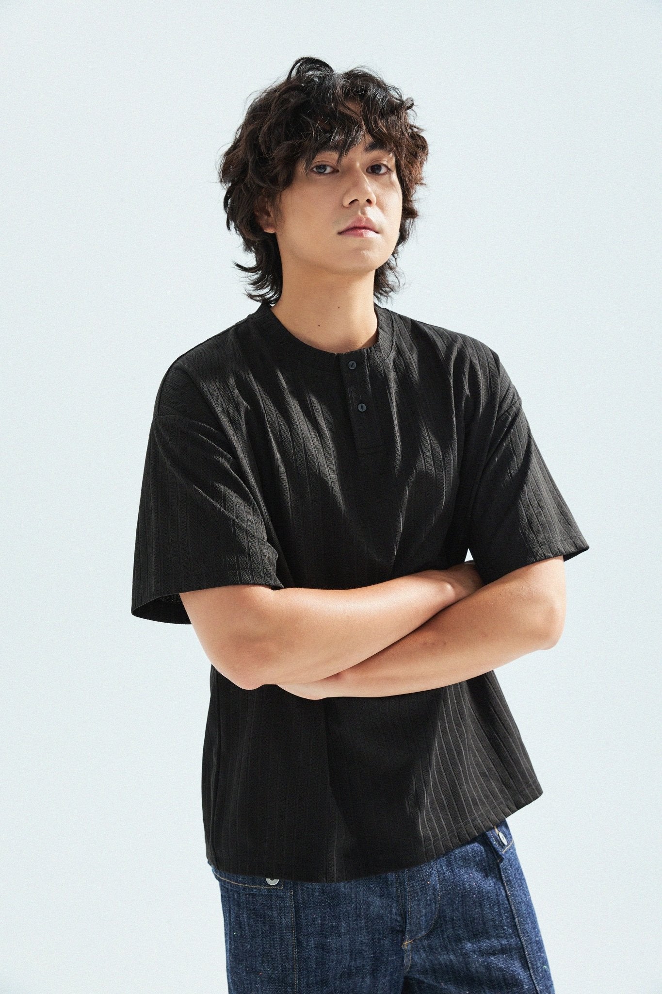 瓦通棉亨利領T-Shirt（純黑）Corrugated Cotton Henley T-Shirt（Black） - Full House Denim & Workshop