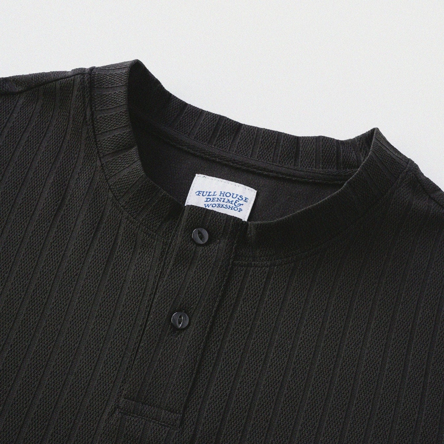 瓦通棉亨利領T-Shirt（純黑）Corrugated Cotton Henley T-Shirt（Black） - Full House Denim & Workshop