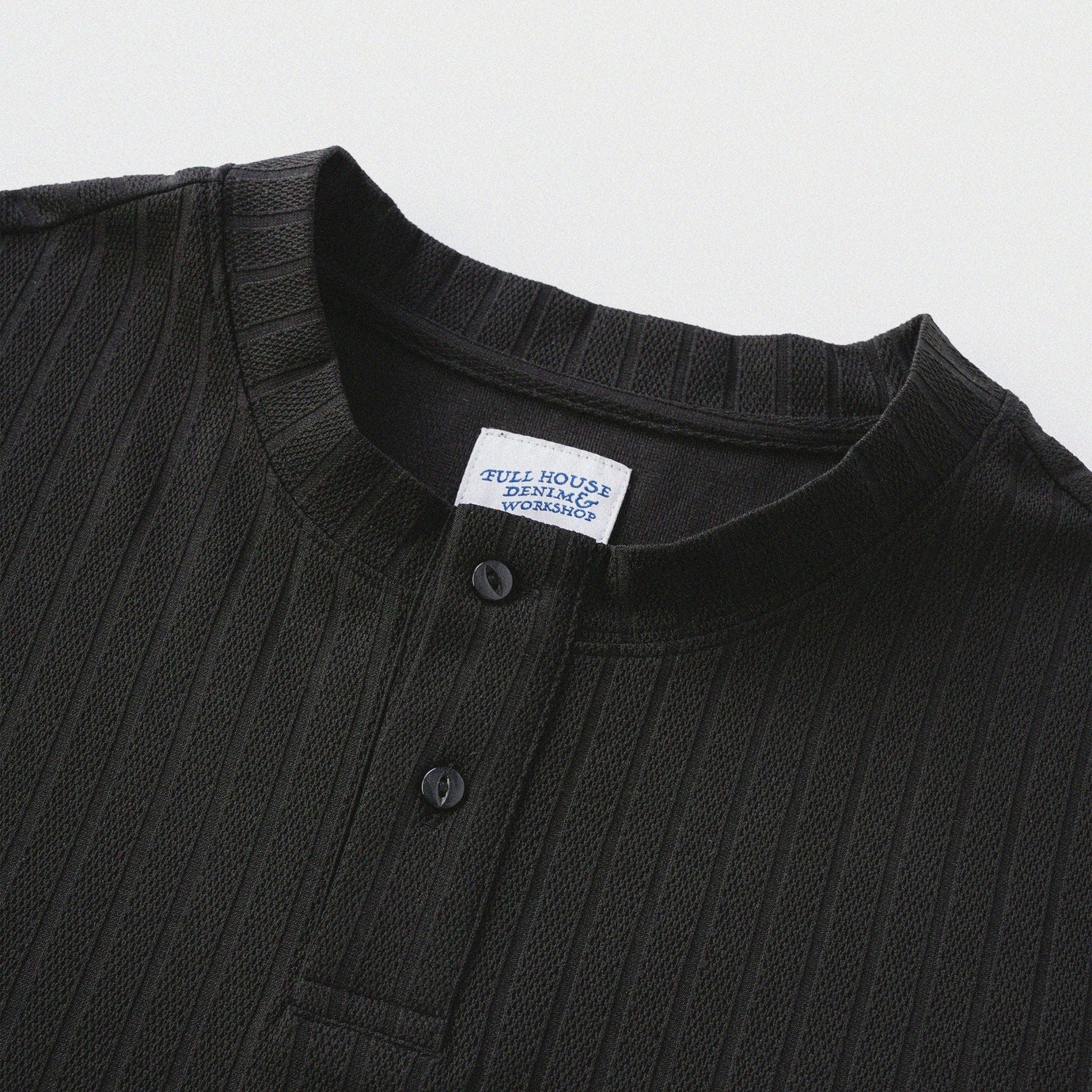 瓦通棉亨利領T-Shirt（純黑）Corrugated Cotton Henley T-Shirt（Black） - Full House Denim & Workshop