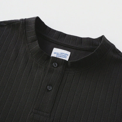 瓦通棉亨利領T-Shirt（純黑）Corrugated Cotton Henley T-Shirt（Black） - Full House Denim & Workshop