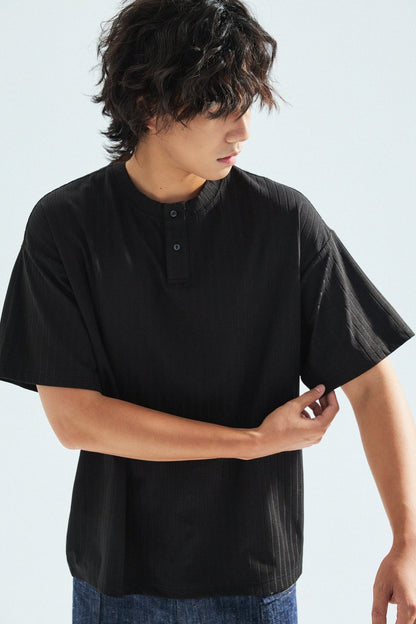 瓦通棉亨利領T-Shirt（純黑）Corrugated Cotton Henley T-Shirt（Black） - Full House Denim & Workshop