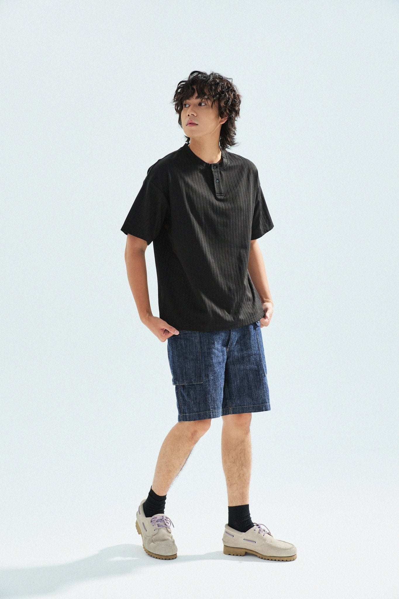 瓦通棉亨利領T-Shirt（純黑）Corrugated Cotton Henley T-Shirt（Black） - Full House Denim & Workshop