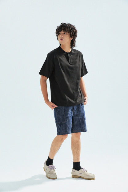 瓦通棉亨利領T-Shirt（純黑）Corrugated Cotton Henley T-Shirt（Black） - Full House Denim & Workshop