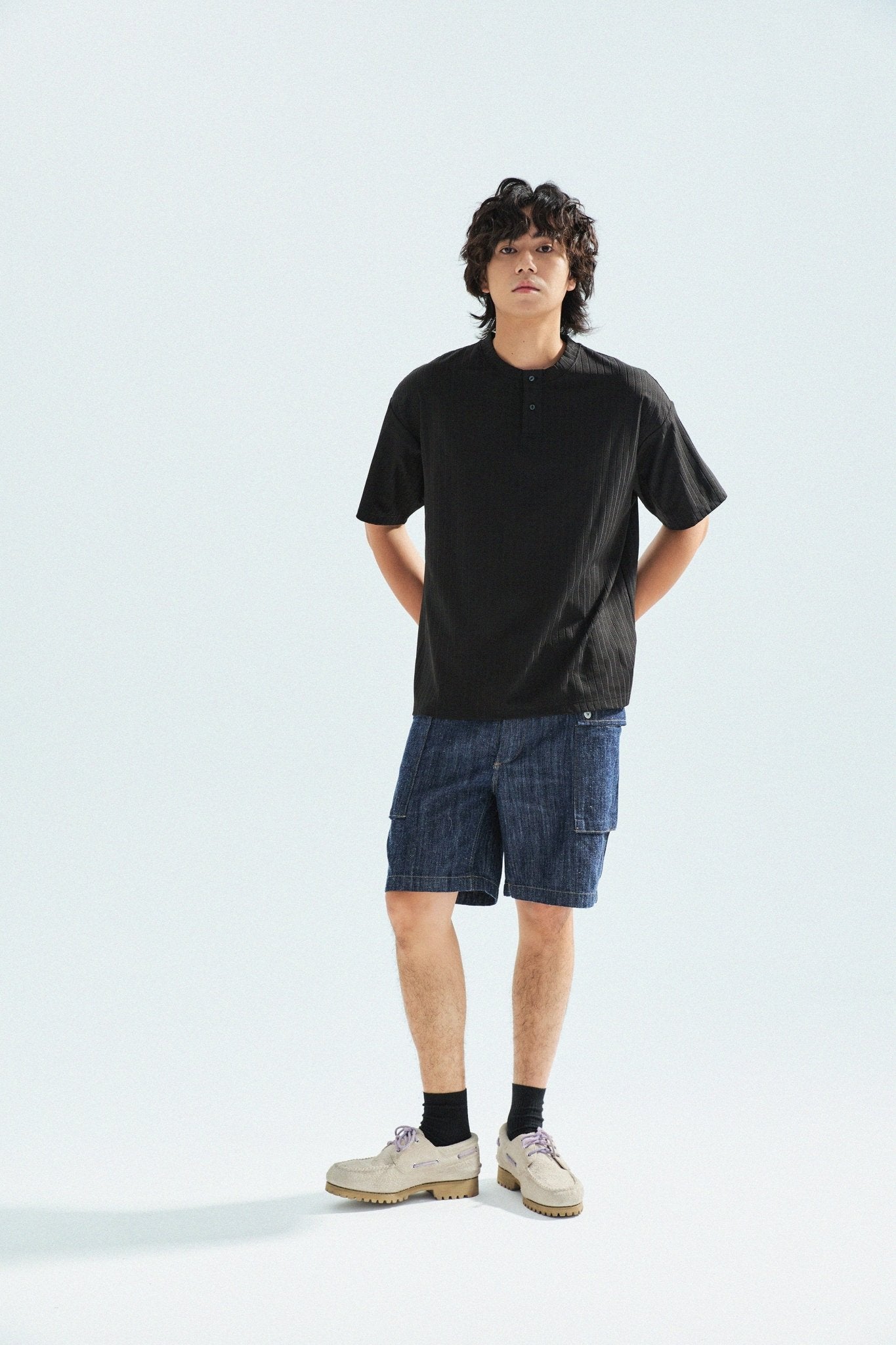 瓦通棉亨利領T-Shirt（純黑）Corrugated Cotton Henley T-Shirt（Black） - Full House Denim & Workshop
