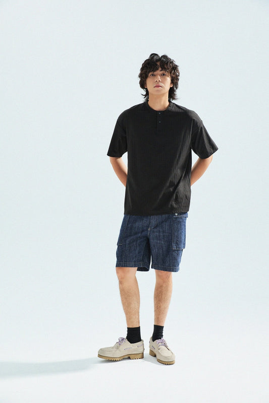 瓦通棉亨利領T-Shirt（純黑）Corrugated Cotton Henley T-Shirt（Black） - Full House Denim & Workshop