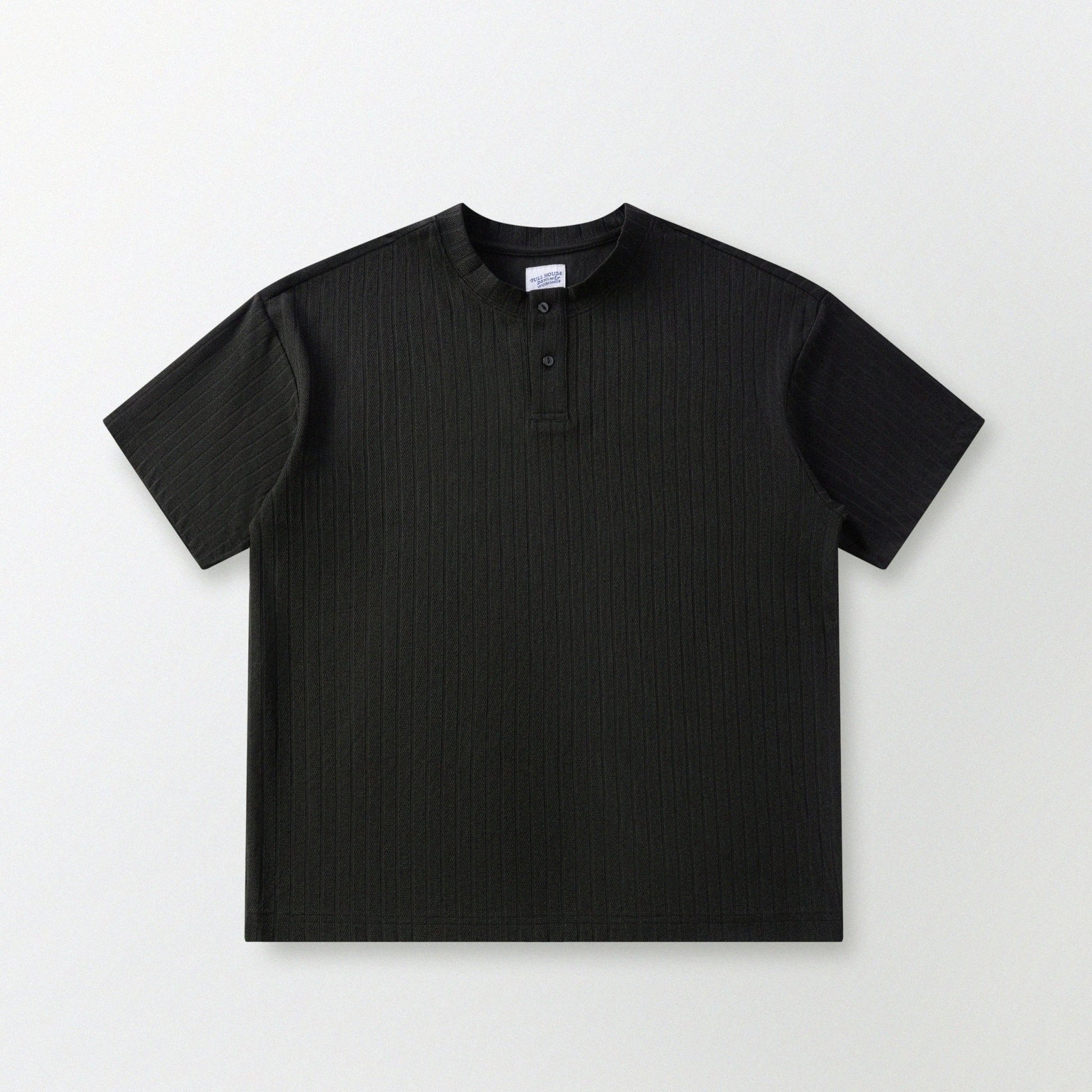 瓦通棉亨利領T-Shirt（純黑）Corrugated Cotton Henley T-Shirt（Black） - Full House Denim & Workshop