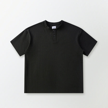 瓦通棉亨利領T-Shirt（純黑）Corrugated Cotton Henley T-Shirt（Black） - Full House Denim & Workshop