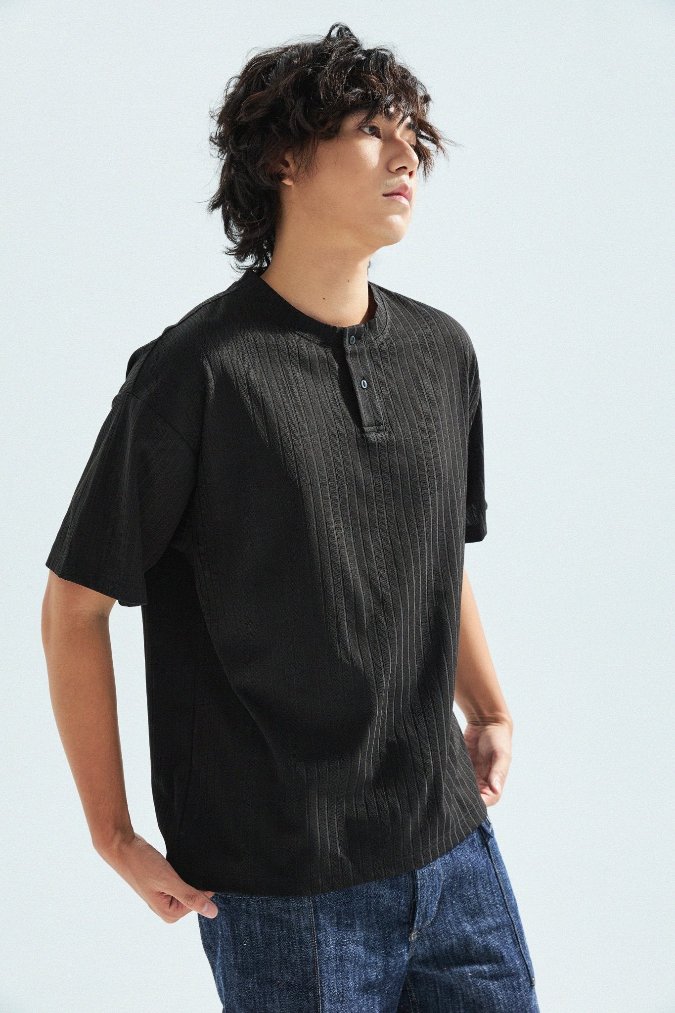 瓦通棉亨利領T-Shirt（純黑）Corrugated Cotton Henley T-Shirt（Black） - Full House Denim & Workshop